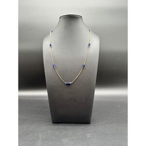 Vintage‎ Korea Gold Tone Blue Beaded Station Necklace 30" Costume Jewelry